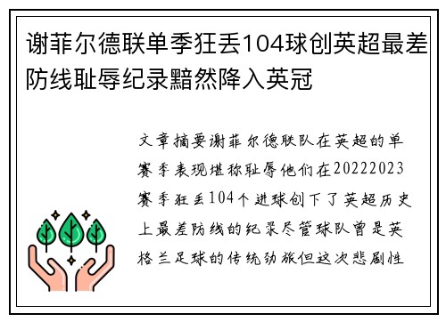 谢菲尔德联单季狂丢104球创英超最差防线耻辱纪录黯然降入英冠 谢菲尔德联单季狂丢104球创英超最差防线耻辱纪录黯然降入英冠