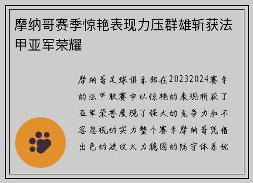 摩纳哥赛季惊艳表现力压群雄斩获法甲亚军荣耀