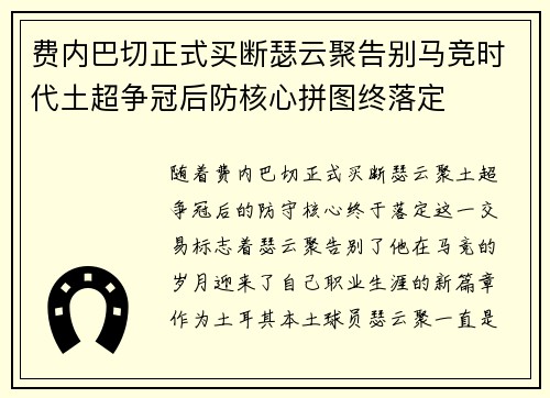 费内巴切正式买断瑟云聚告别马竞时代土超争冠后防核心拼图终落定